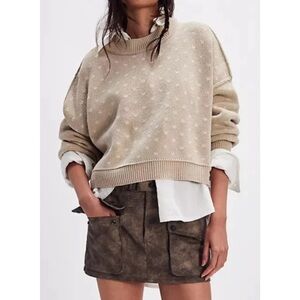 NWT Free People Easy Street Patterned Crop Sweater Hearts Beige Tan